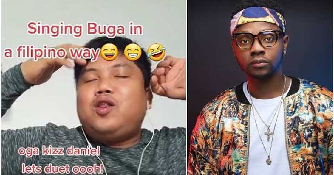 Filipino man, Kizz Daniel's Buga, singing Filipino man, Kizz Daniel's Buga, singing