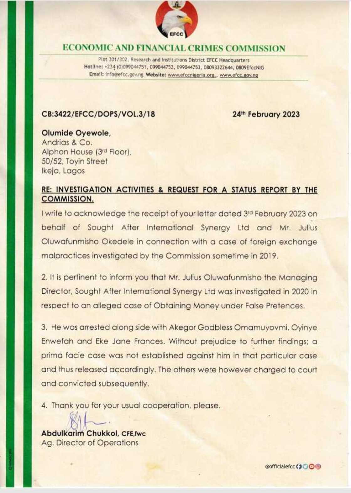 EFCC Clears, Exonerates Julius OLUWAFUNMISHO Okedele of Wrongdoing After Thorough Investigation EFCC Clears, Exonerates Julius OLUWAFUNMISHO Okedele of Wrongdoing After Thorough Investigation