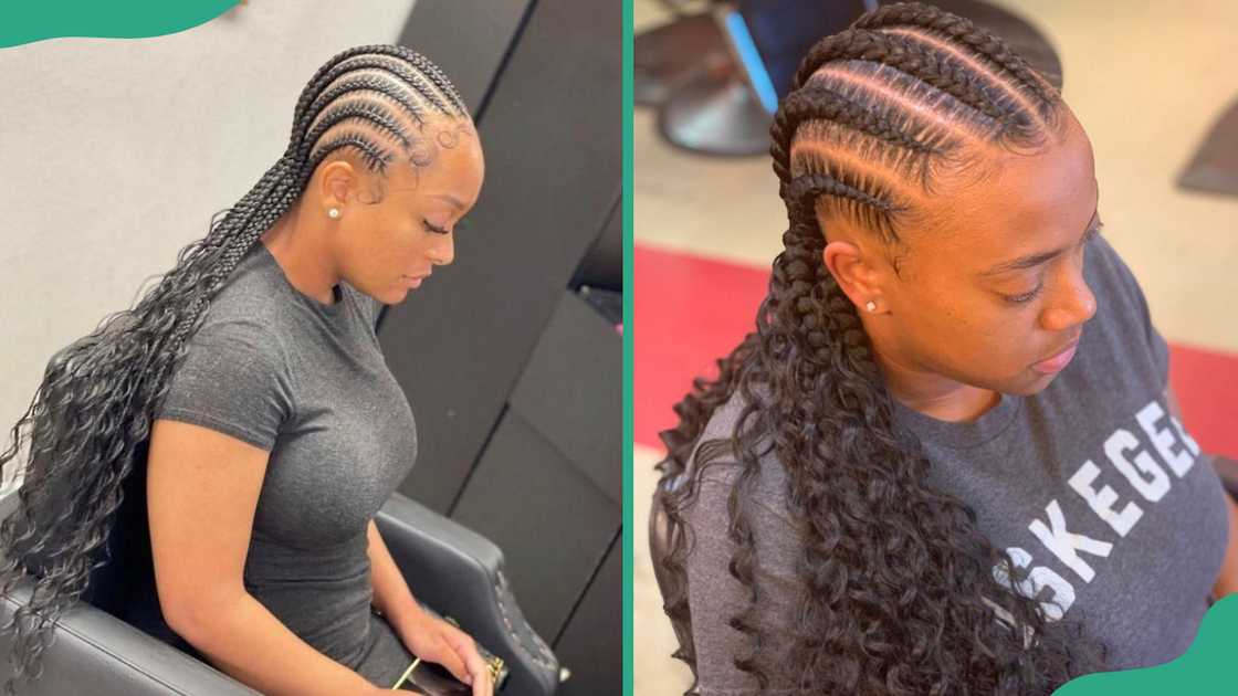 Straight-back cornrows with curly ends. Straight-back cornrows with curly ends.