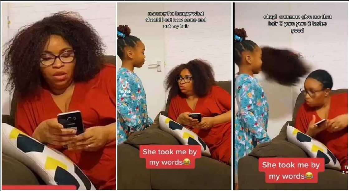 Photos of an African mum and her child when she pulled her wig. Photos of an African mum and her child when she pulled her wig.