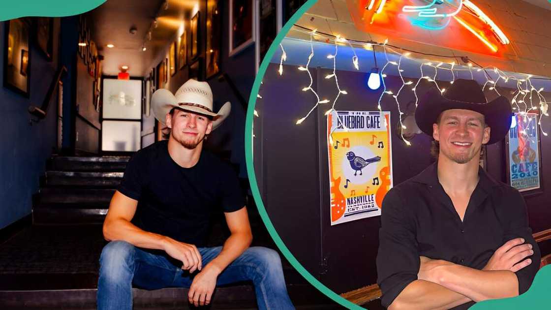 Bryce Leatherwood sitting on the stairs (L). The singer folds his arms at a cafe in Nashville (R) Bryce Leatherwood sitting on the stairs (L). The singer folds his arms at a cafe in Nashville (R)