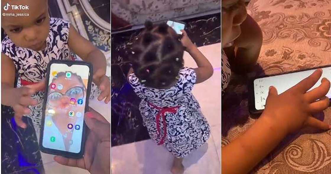 Little girl plays with phone, operates phone like adult, Baby Shark video Little girl plays with phone, operates phone like adult, Baby Shark video