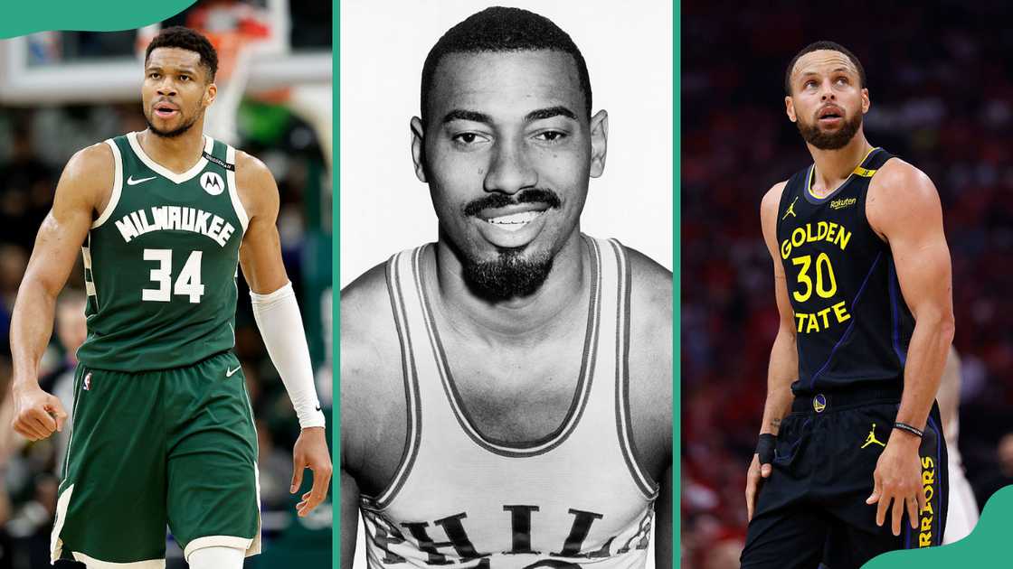 NBA players (L to R): Giannis Antetokounmpo, Wilt Chamberlain, Stephen Curry NBA players (L to R): Giannis Antetokounmpo, Wilt Chamberlain, Stephen Curry