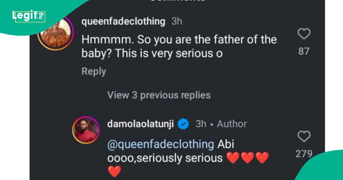 Damola Olatunji replies person who questioned him about Dayo Amusa's newborn