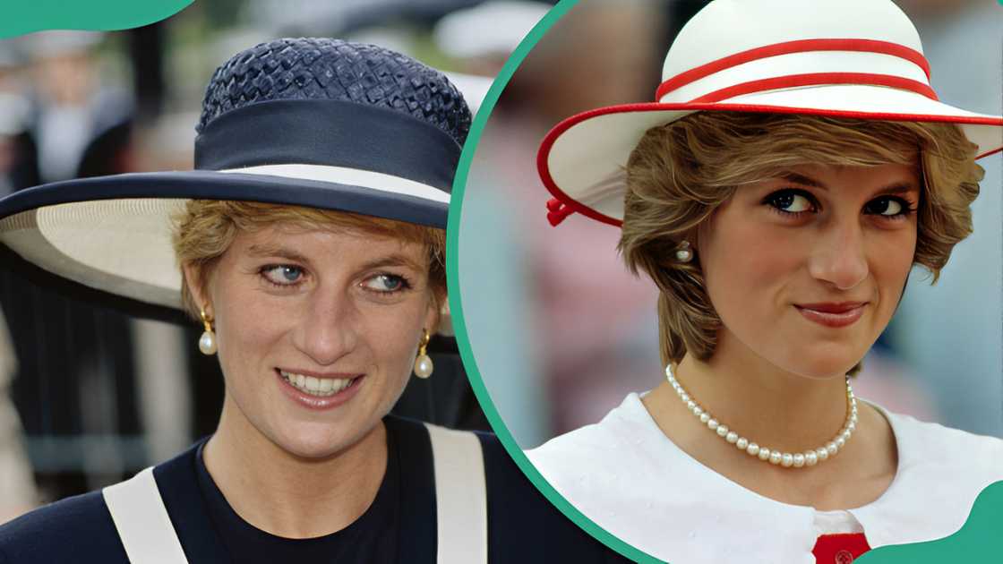 Diana, Princess of Wales wearing a blue-and-white Catherine Walker suit (L). Diana, Princess of Wales, wears an outfit in the colours of Canada (R)