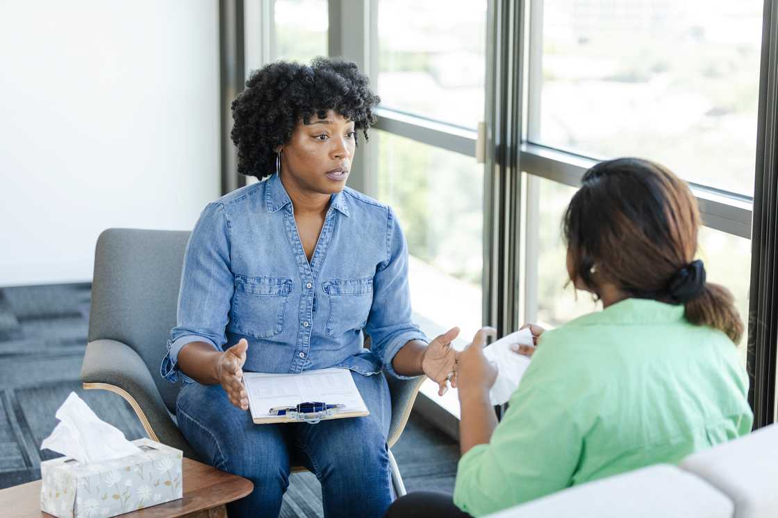 A woman and her therapist during a session A woman and her therapist during a session