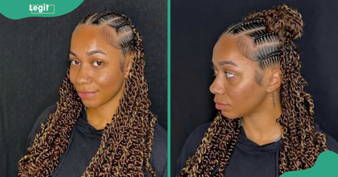 A woman displays her stitch braids with passion twists.