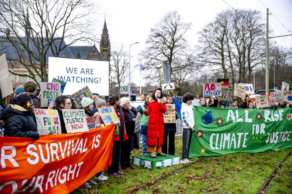 A handful of protesters gathered outside the Peace Palace A handful of protesters gathered outside the Peace Palace