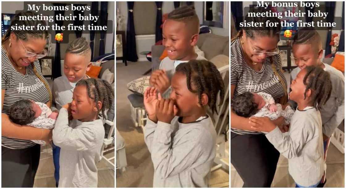 Photos of two boys welcoming their baby sister home.