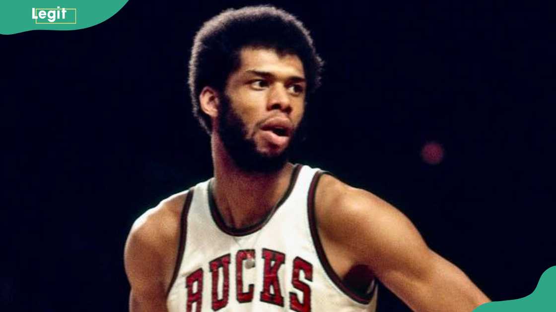 Kareem Abdul-Jabbar wearing a Milwaukee Bucks uniform Kareem Abdul-Jabbar wearing a Milwaukee Bucks uniform