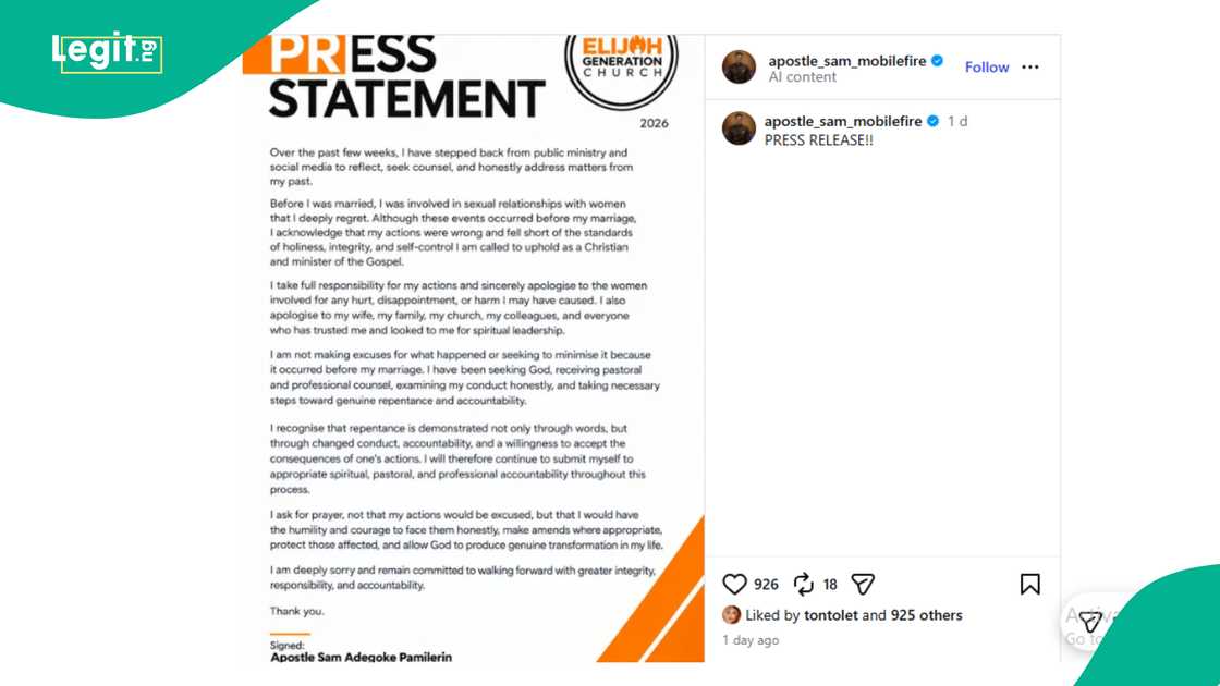 Tonto Dikeh appears to support Apostle Pamilerin Adegoke after his statement on misconduct claims Tonto Dikeh appears to support Apostle Pamilerin Adegoke after his statement on misconduct claims