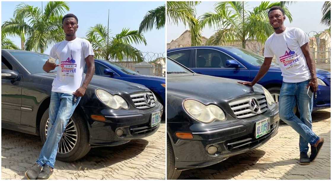 Photos of Rowland, a Nigerian man who got the gift of a Benz car from his boss.