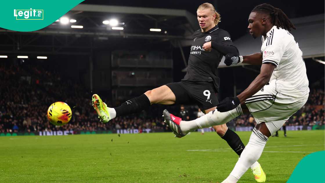 Calvin Bassey against Erling Haaland during at Craven Cottage in December 2025. Photo by Shaun Brooks