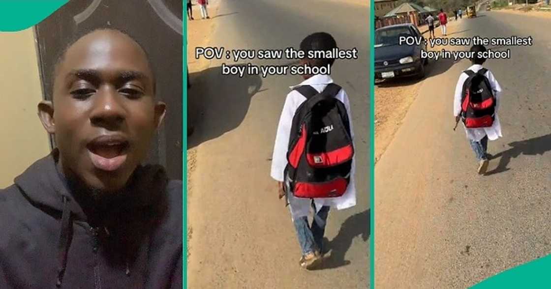 A Nigerian man captures the 'smallest' boy in his school in a viral video on social media. A Nigerian man captures the 'smallest' boy in his school in a viral video on social media.