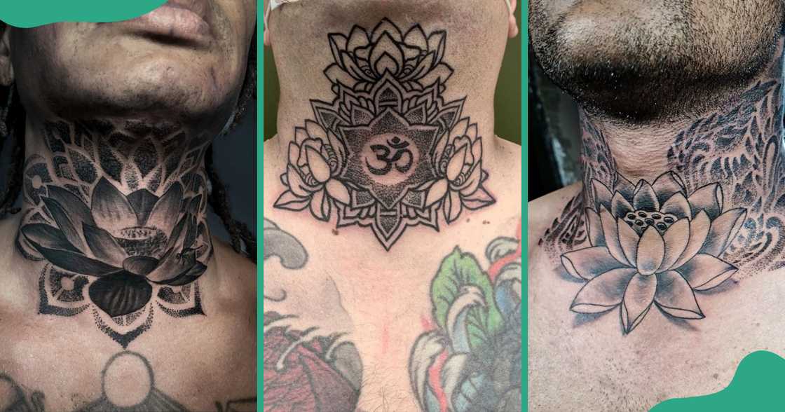 Three lotus flower designs on throat tattoos.