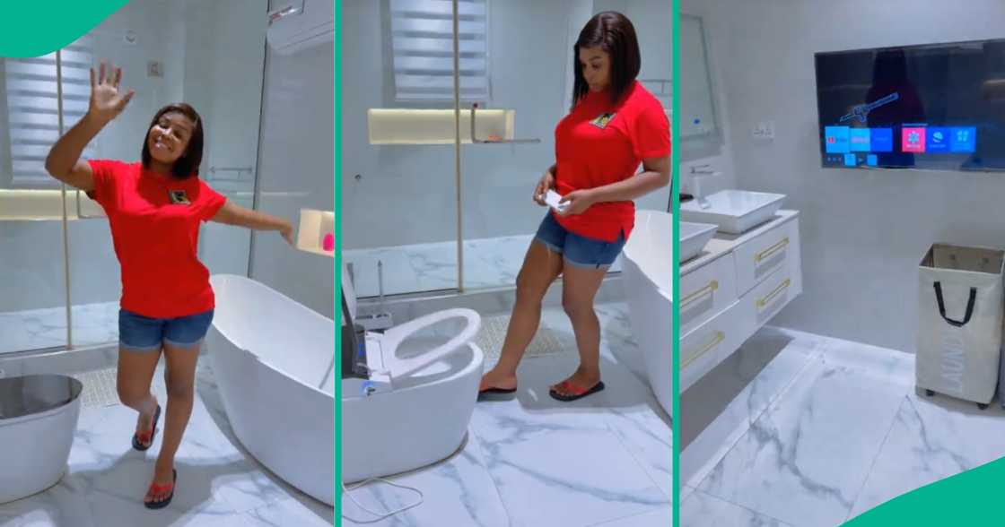 Lady shares video of her restroom with remote-controlled toilet, AC and smart TV