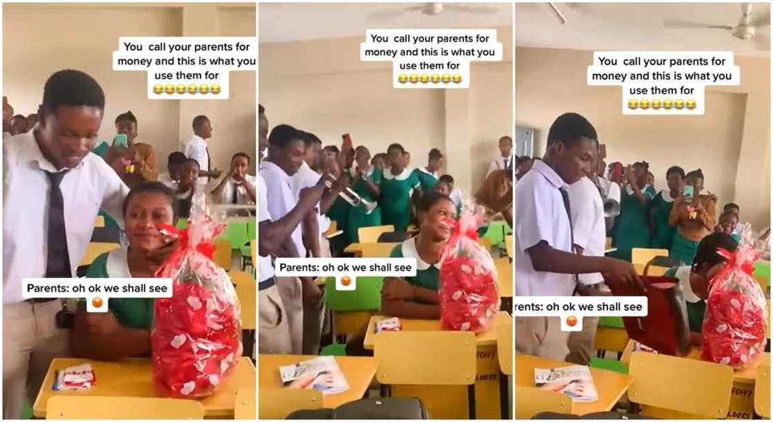 Photos of a student presenting Valentine's gift to his girlfriend. Photos of a student presenting Valentine's gift to his girlfriend.