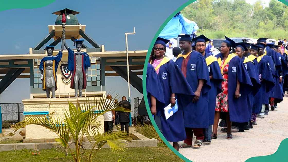 Federal University of Lokoja main entrance (L). Ladies in graduation gowns (R) Federal University of Lokoja main entrance (L). Ladies in graduation gowns (R)
