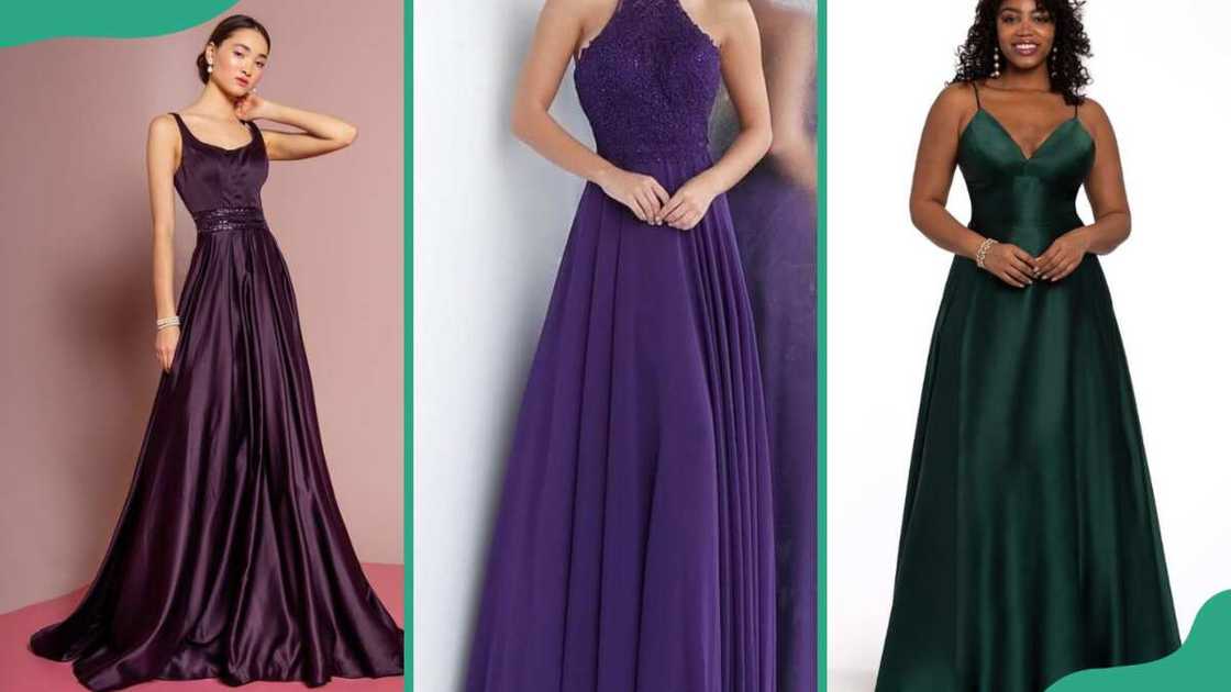 Grape purple slip ball gown (L), navy blue slip ball gown (C), and jungle green slip ball gown (R) Grape purple slip ball gown (L), navy blue slip ball gown (C), and jungle green slip ball gown (R)