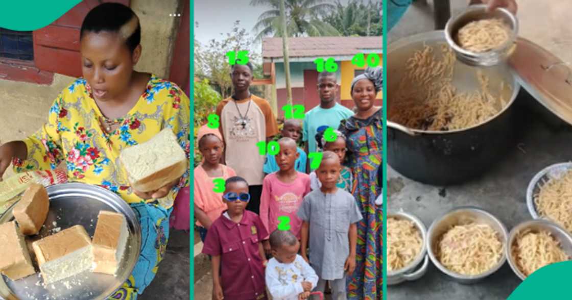 Mother of ten serves food to her children from big pot. Mother of ten serves food to her children from big pot.