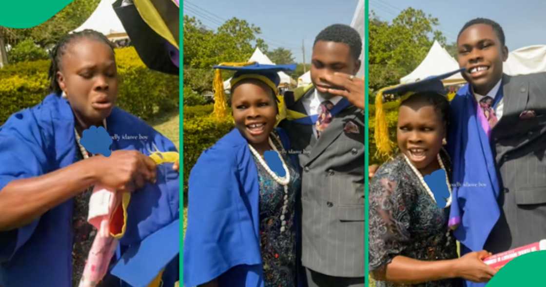 Son dresses mum in his graduation gown and cap.