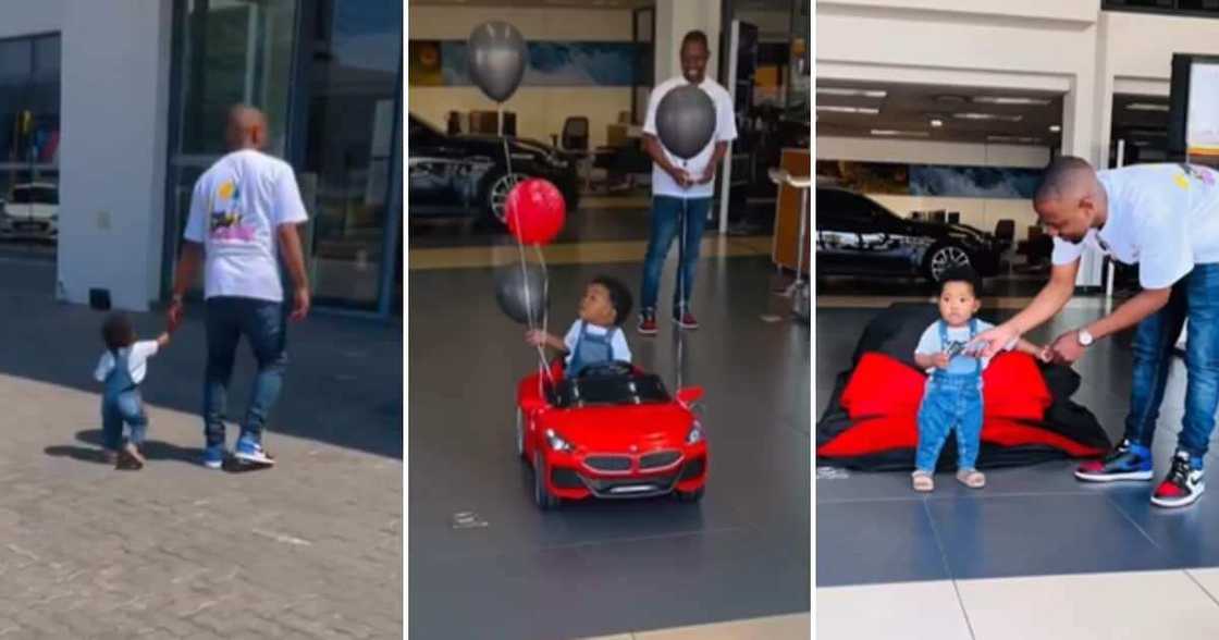 A father taking his toddler to pick up his mini BMW A father taking his toddler to pick up his mini BMW