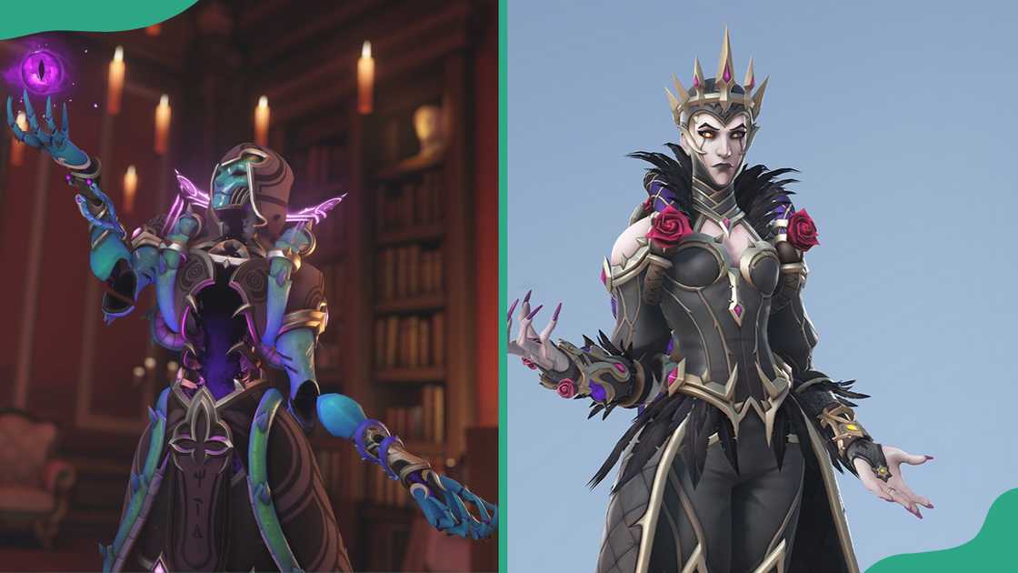 Moira casts spells in cozy library setting (L). Moira stands powerful against blue sky backdrop (R).