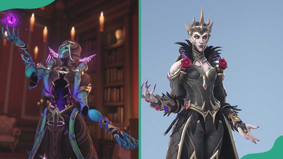 Moira casts spells in cozy library setting (L). Moira stands powerful against blue sky backdrop (R). Moira casts spells in cozy library setting (L). Moira stands powerful against blue sky backdrop (R).