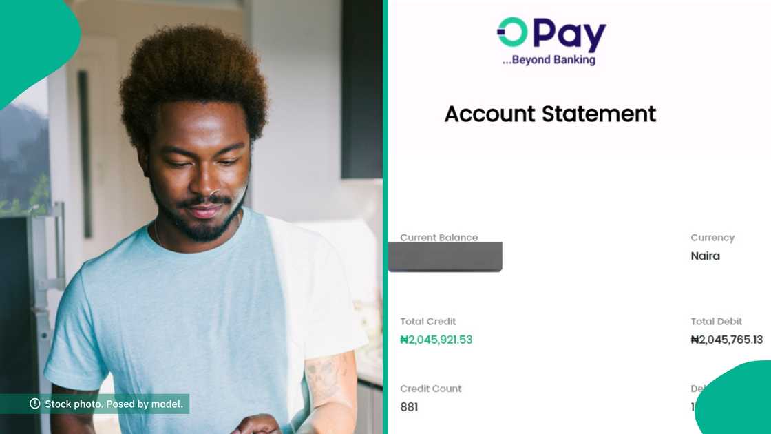 Man shows his Opay account statement. Man shows his Opay account statement.