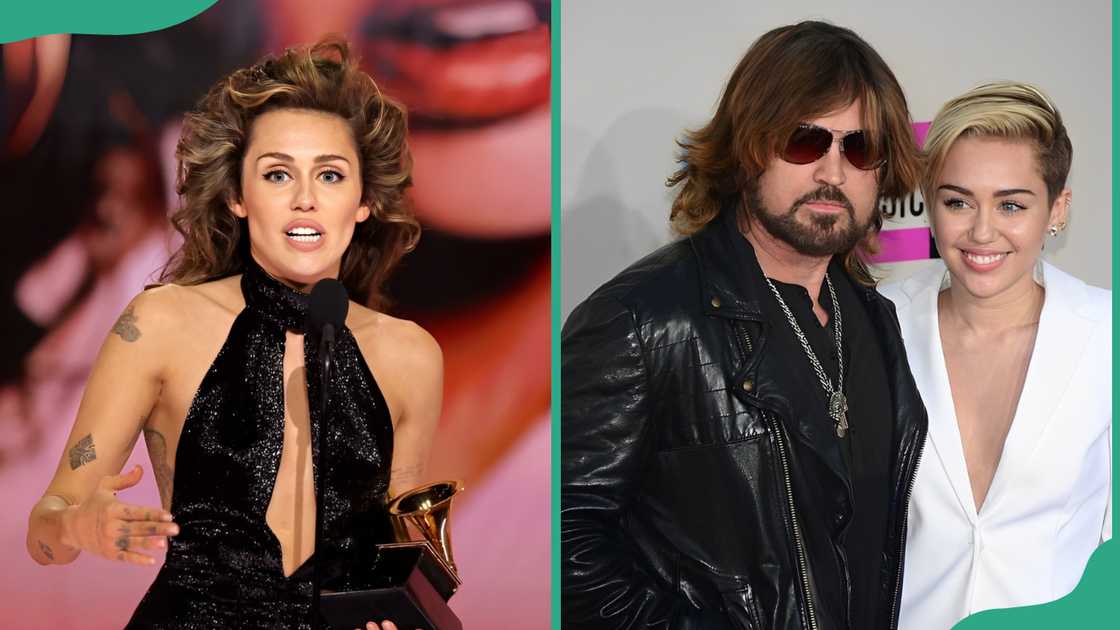 Miley Cyrus on stage as she accepts the Best Pop Solo Performance award for “Flowers” at the 66th GRAMMY Awards (L). The singer and her father, Billy Ray Cyrus, pose at the 2013 American Music Awards (R)