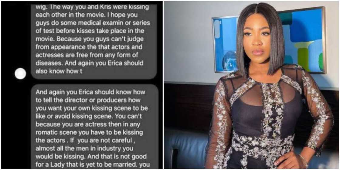 Fan Lambastes BBNaija’s Erica for Kissing in a Movie, Tells Her to Reject Such Roles, Internet Users React Fan Lambastes BBNaija’s Erica for Kissing in a Movie, Tells Her to Reject Such Roles, Internet Users React