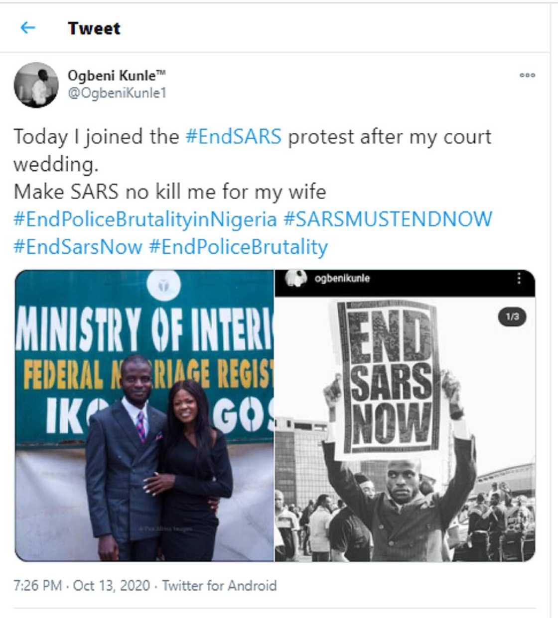 Hotuna: Ango ya garzaya wurin zanga-zangar EndSars daga wurin ɗaurin aurensa Hotuna: Ango ya garzaya wurin zanga-zangar EndSars daga wurin ɗaurin aurensa