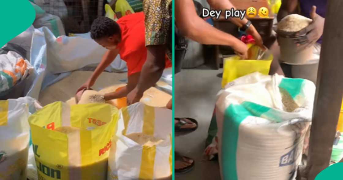 Lady captures how some traders at an open market used branded bags to repackage local rice.