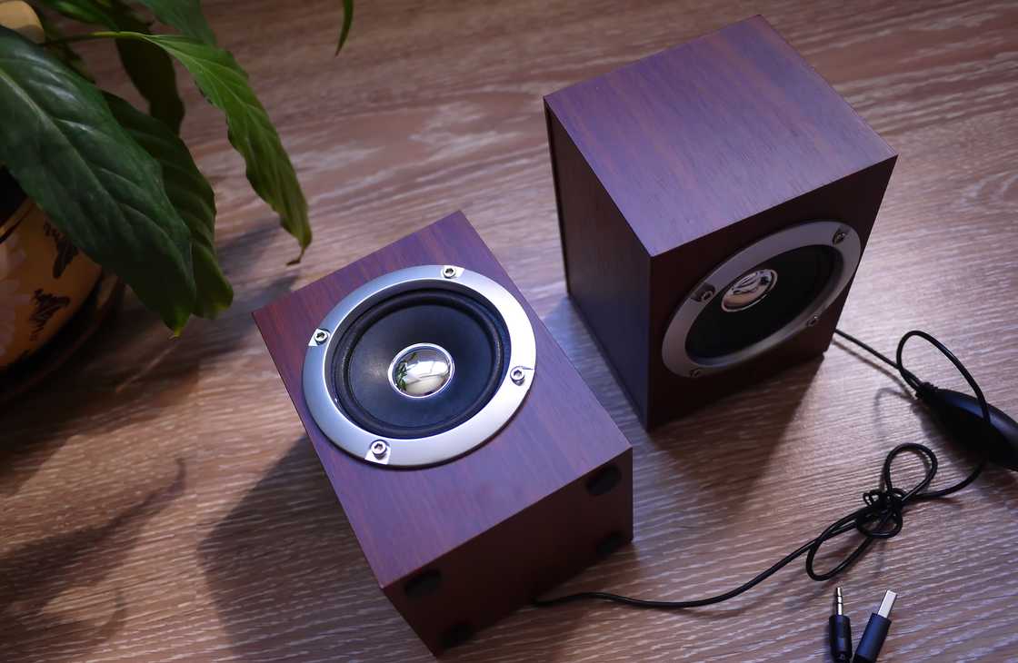 Desktop speakers on a brown table Desktop speakers on a brown table