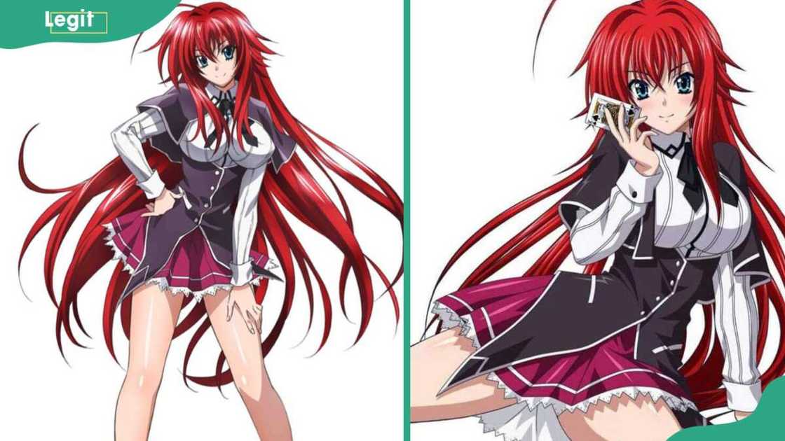 Rias Gremory (L) posing while holding her thigh and posing while sitting on the floor holding a card (R) Rias Gremory (L) posing while holding her thigh and posing while sitting on the floor holding a card (R)