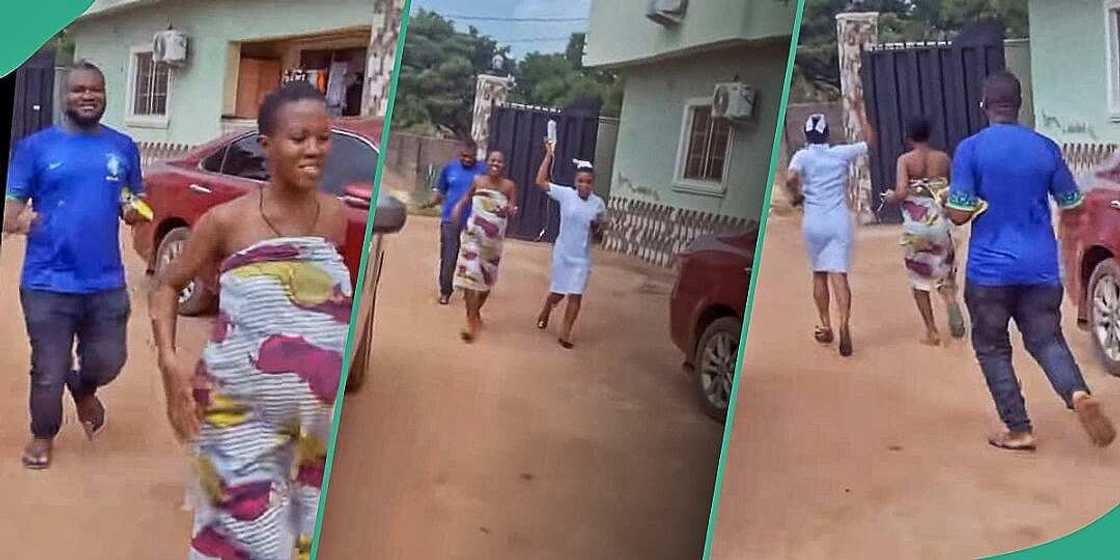 Pregnant woman runs around hospital with husband and nurse Pregnant woman runs around hospital with husband and nurse