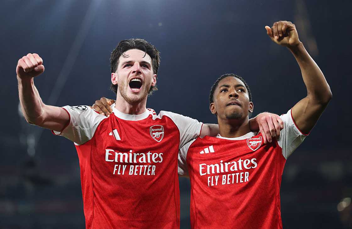 Declan Rice and Myles Lewis-Skelly of Arsenal celebrating Declan Rice and Myles Lewis-Skelly of Arsenal celebrating