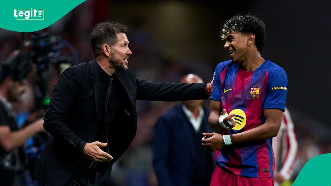 Diego Simeone, Lamine Yamal, Barcelona, Atletico Madrid, UEFA, Champions League. Diego Simeone, Lamine Yamal, Barcelona, Atletico Madrid, UEFA, Champions League.