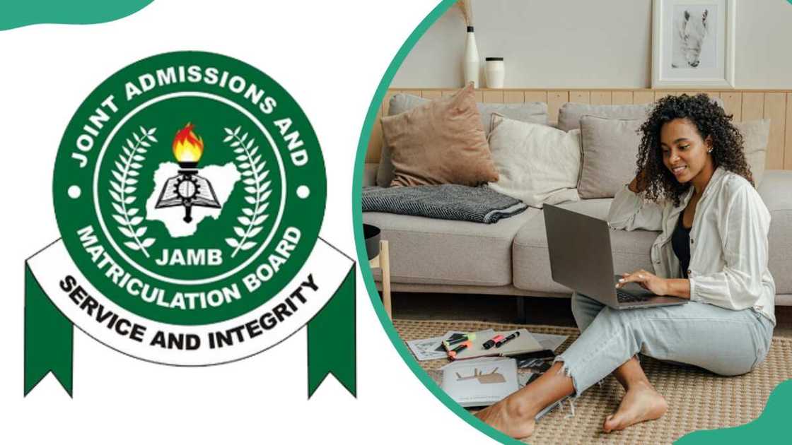 The JAMB logo and a woman using a laptop while sitting on the floor The JAMB logo and a woman using a laptop while sitting on the floor