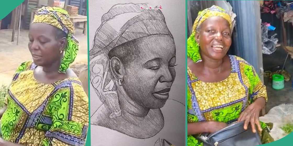 Old woman joyous as artist draws her. Old woman joyous as artist draws her.