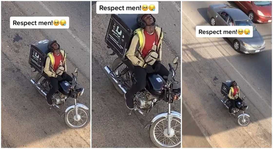 Photos of a man sleeping on his bike.