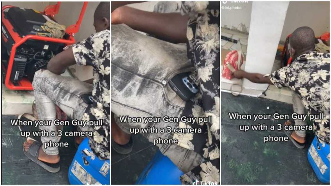 Rich generator repairer/lady was amazed by her mechanic's phone.