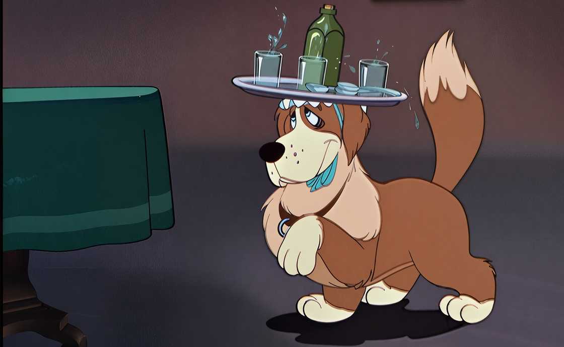 An illustration of Nana, the nursemaid dog in Peter Pan, carrying a tray with a bottle and glasses on her head. An illustration of Nana, the nursemaid dog in Peter Pan, carrying a tray with a bottle and glasses on her head.
