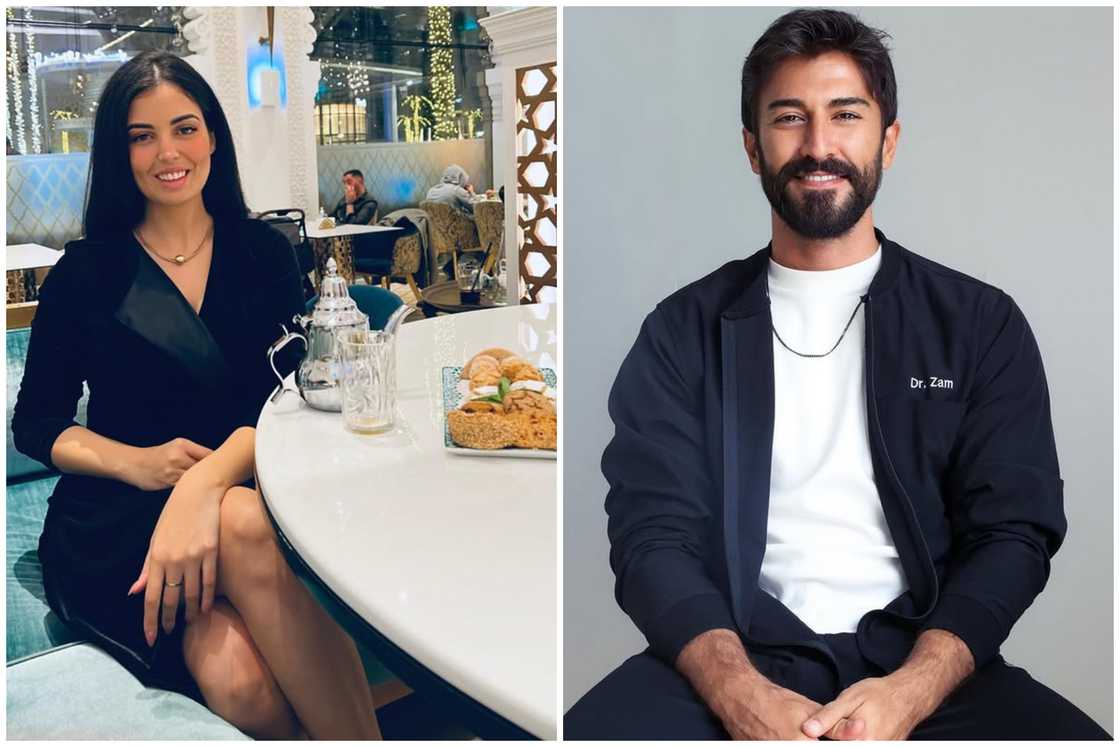 Karma Ben Messaoud smiles as she sits at a breakfast table (L). Ammar Zam in a white t-shirt and black jacket smiles (R)