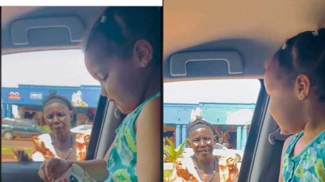 Little girl shows kindness to an old woman Little girl shows kindness to an old woman