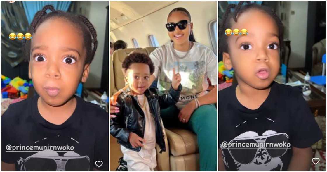 Regina Daniels' son Munir struggles to blow kisses.