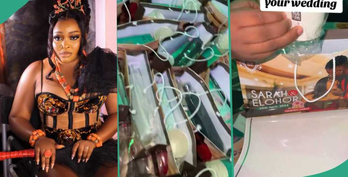 Bride displays her wedding souvenirs which came in 3 weeks after her marriage ceremony Bride displays her wedding souvenirs which came in 3 weeks after her marriage ceremony