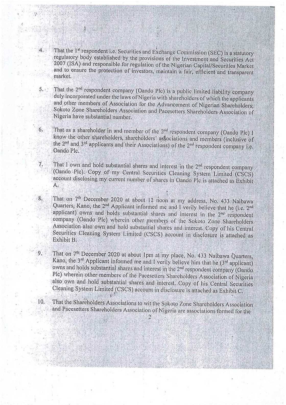 Oando shareholders have taken SEC to court to challenge penalties against Oando in May 31st letter