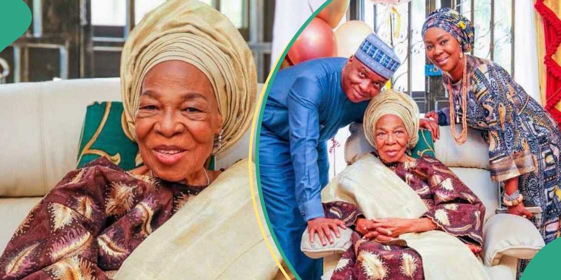 Former Senate president Bukola Saraki and his wife pose with his mother, Chief Florence Morenike Saraki