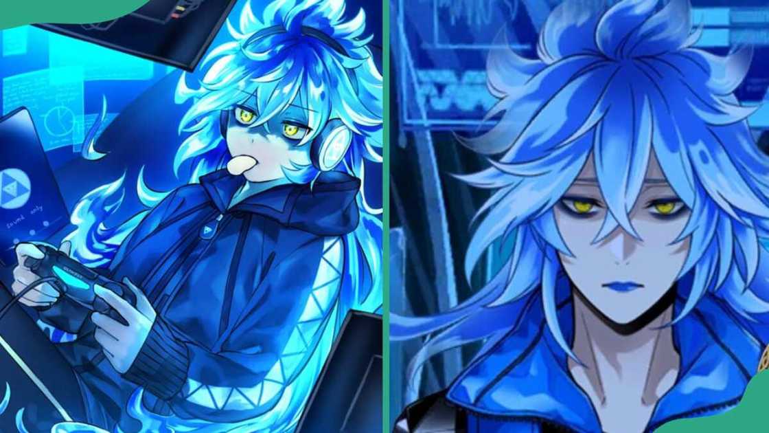 Idia Shroud playing a video game (L). The character in a dark jacket adorned with blue glowing lines (R) Idia Shroud playing a video game (L). The character in a dark jacket adorned with blue glowing lines (R)